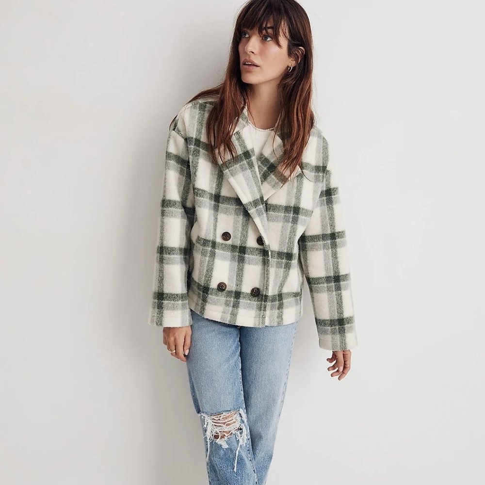 Madewell Jacquard Double-Breasted Crop Blazer in Plaid
